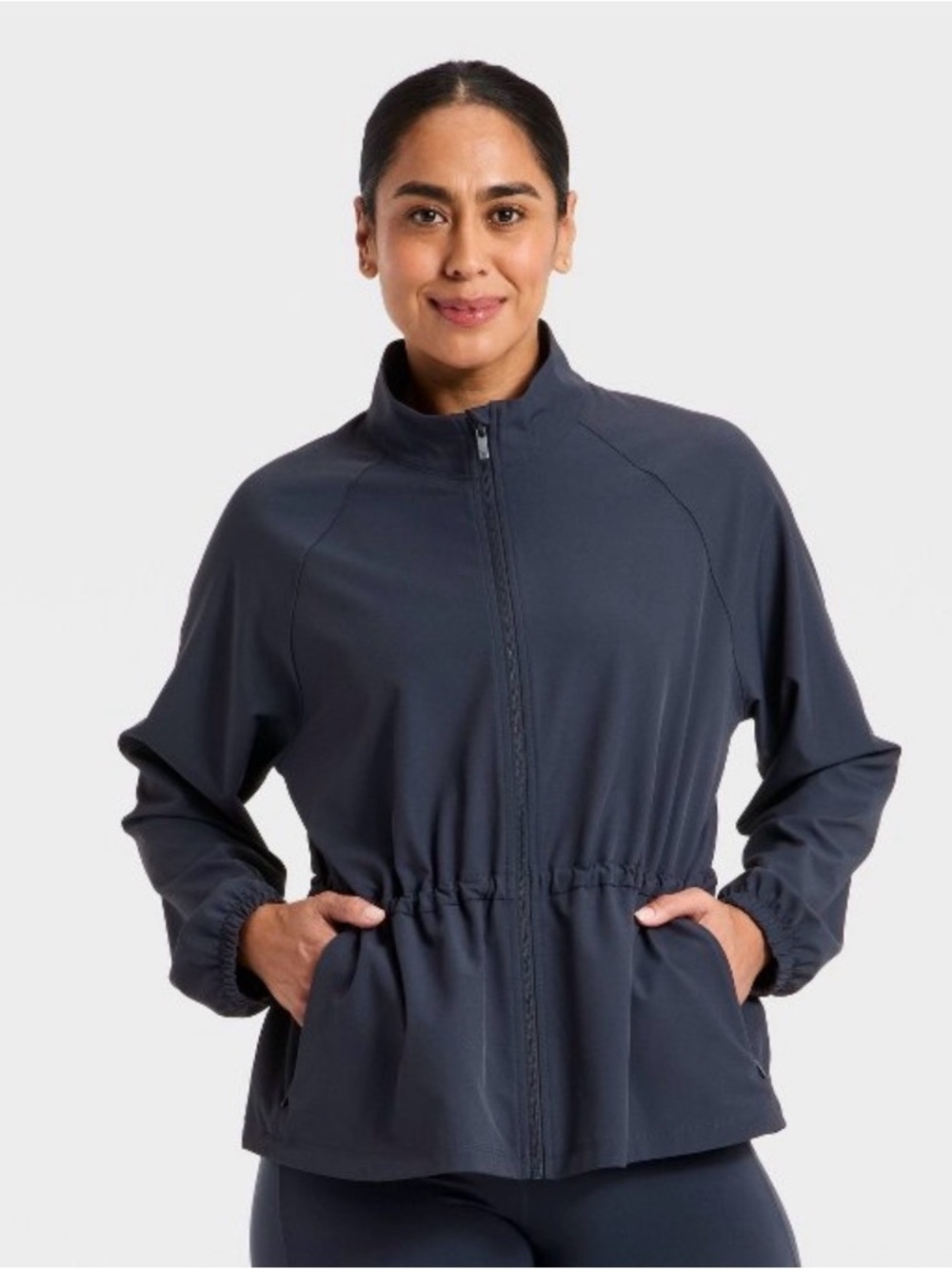 NWT All in Motion Women's Woven Peplum Jacket Navy Sz S Athleisure Cinched Waist